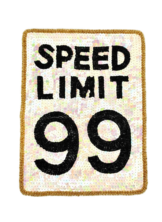 A rectangular embroidered patch with a gold border, featuring the words 'SPEED LIMIT' in black above the large number '99' on a white background.