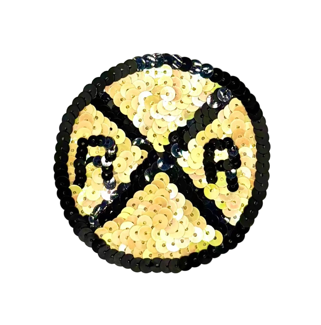 A circular sequin patch featuring a railroad crossing road sign, constructed with black and yellow sequins on a white background.