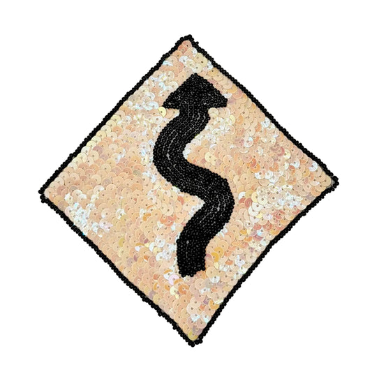 Curves Ahead Road Sign Appliqué – Iridescent Beige Sequins with Black Glass Beads, 5.75" x 5.5"