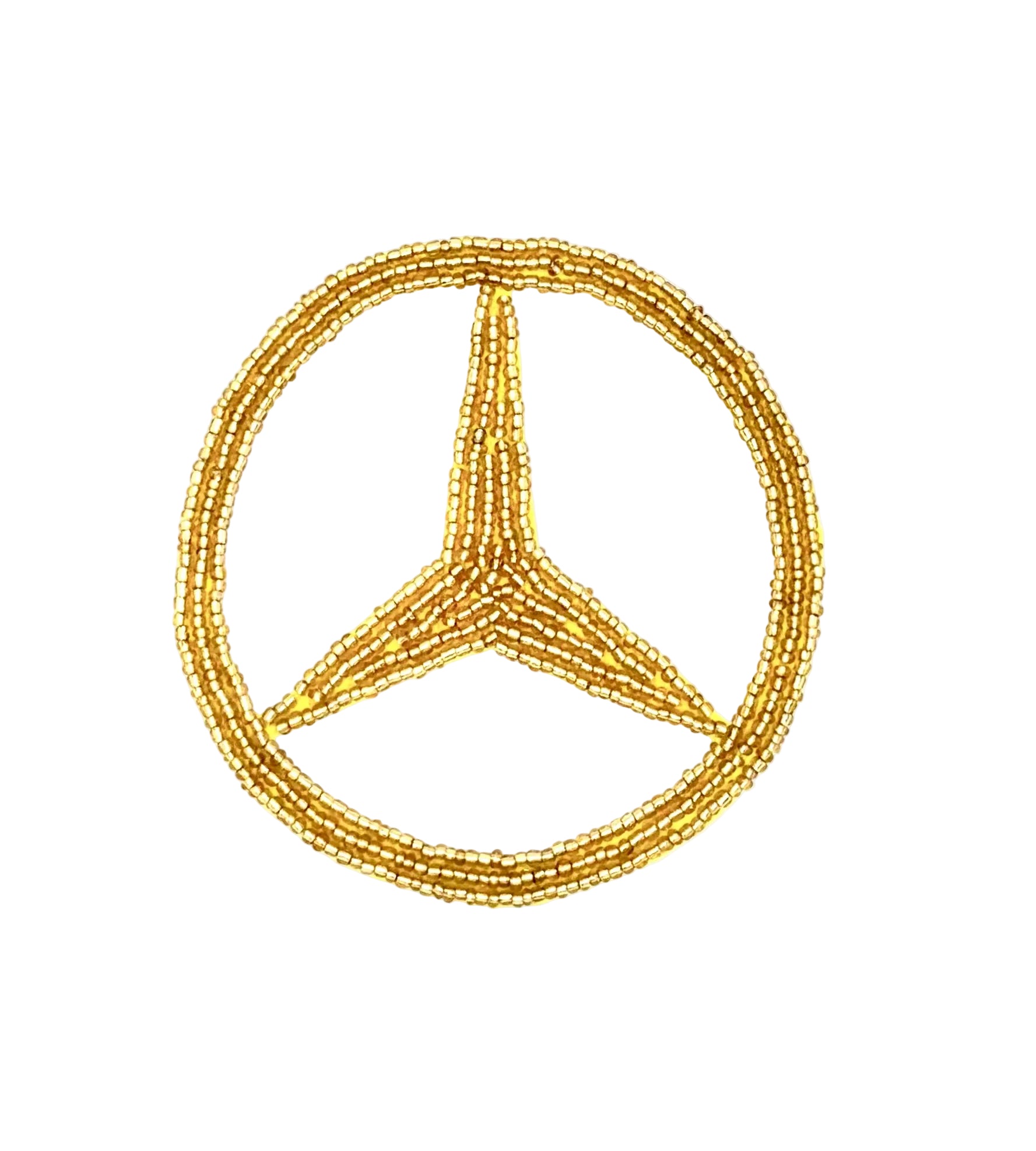 A vintage gold beaded Mercedes-Benz logo patch or emblem on a plain white background.