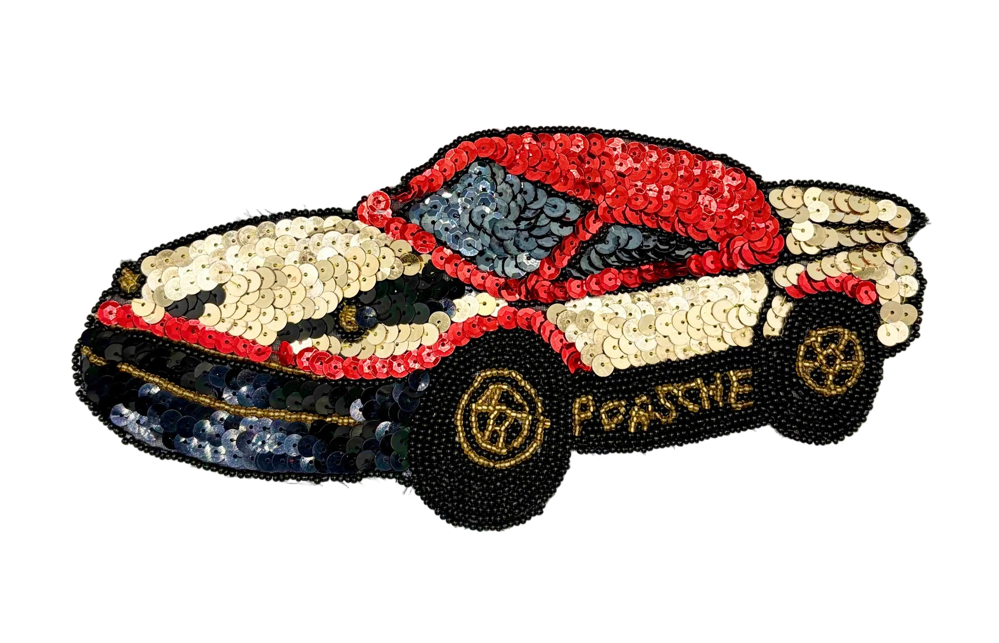 A vintage sequined patch or applique depicting a Porsche race car, featuring red, gold, black, and blue sequins with gold lettering and wheel details, set against a plain white background.