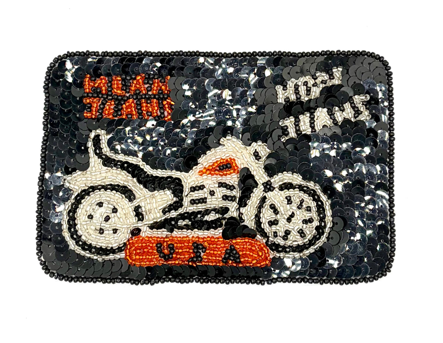 A rectangular sequined patch featuring a motorcycle design with the words 'MEAN TEAM' in orange and 'HOT TEAM' in silver, plus 'USA' in black on an orange banner at the bottom.