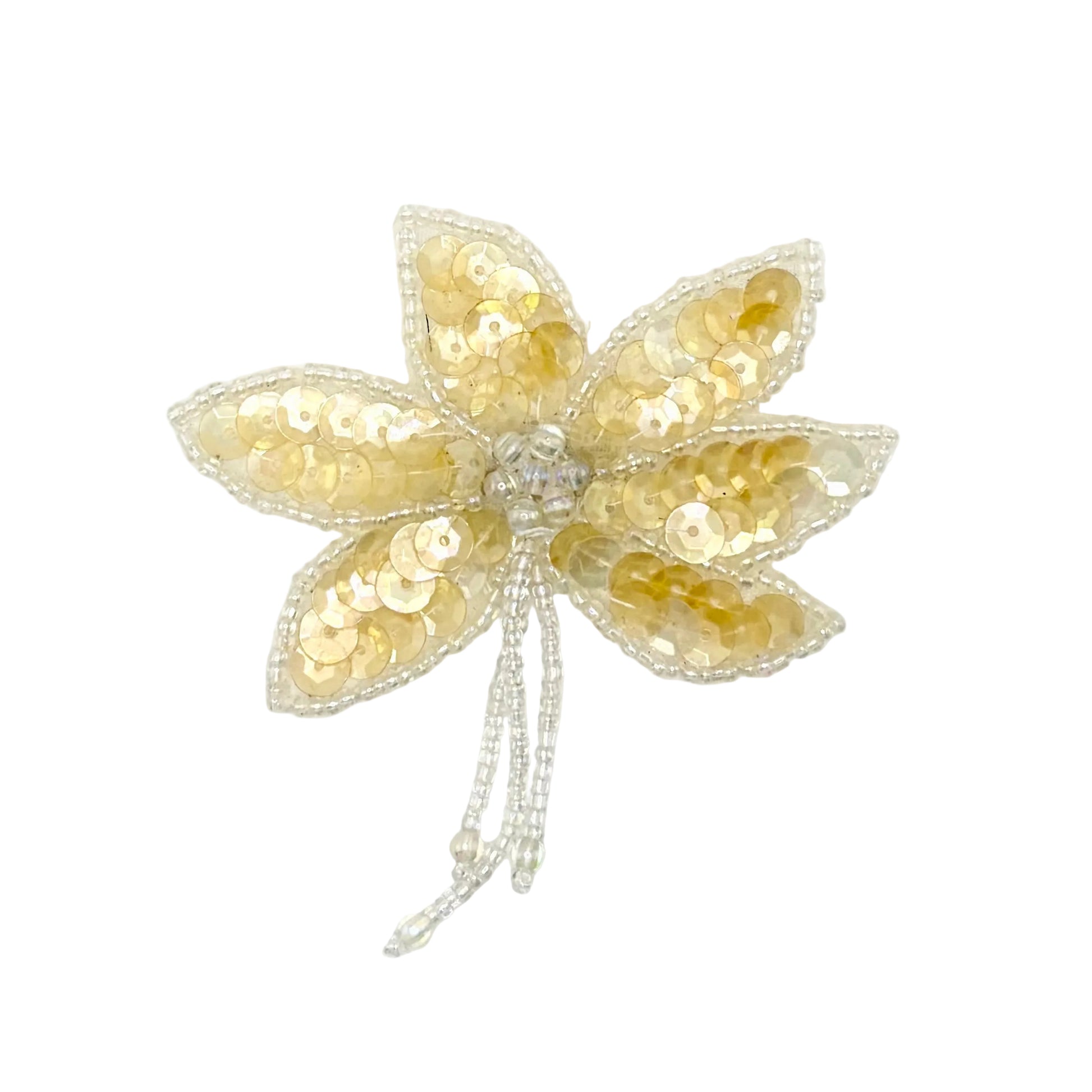 A decorative sequin and bead flower embellishment featuring iridescent clear sequin petals, and iridescent clear beads shown on a plain white background.