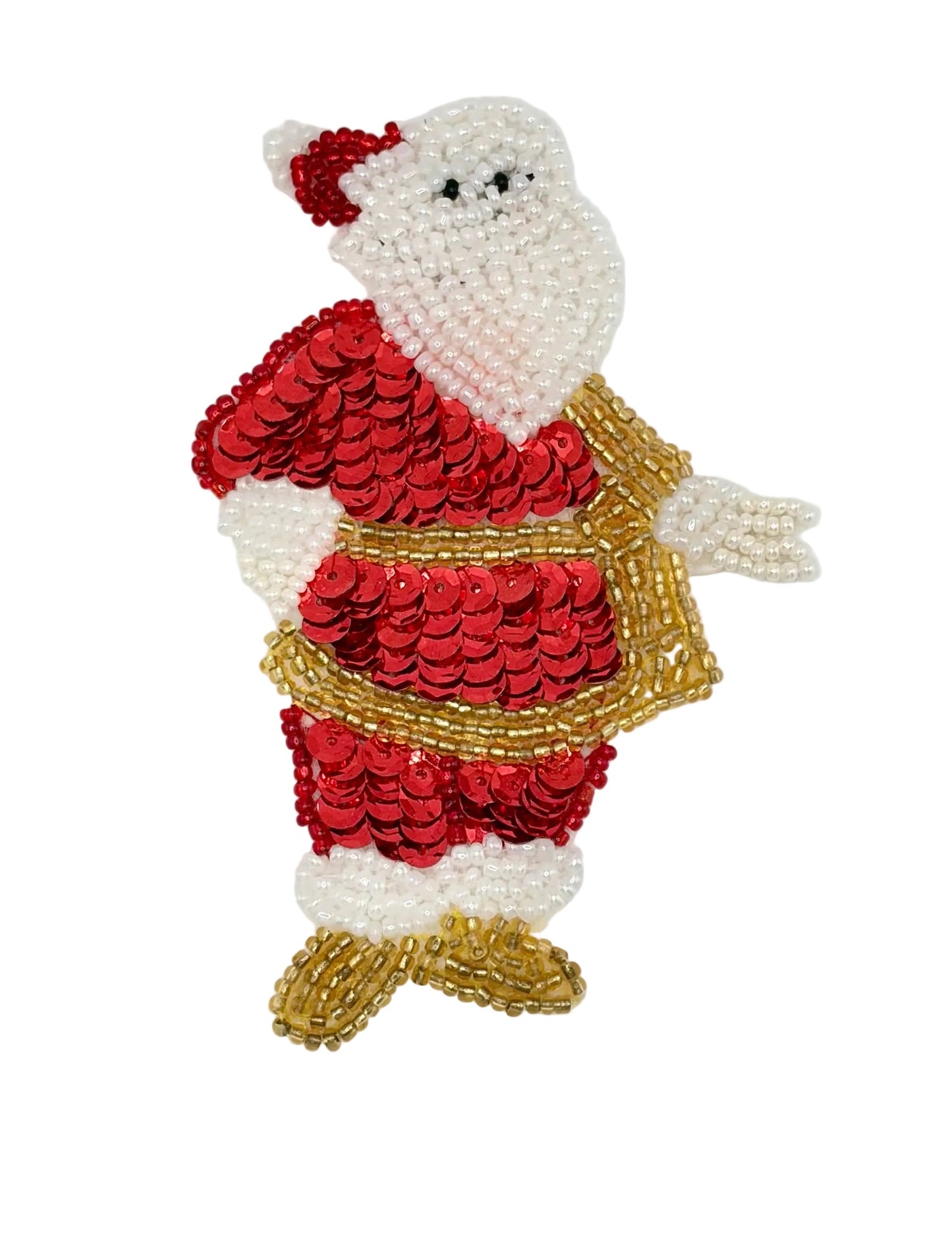 A handmade beaded Christmas Santa Claus figure crafted with red sequins, white beads, and gold beads on a plain white background.