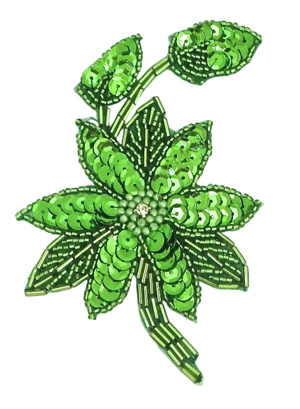 Par de flores con lentejuelas y cuentas verde lima y pedrería central de 5" x 3"