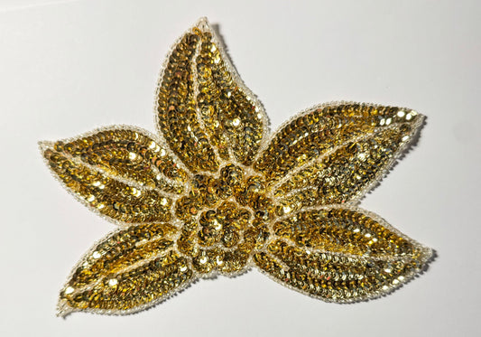 Flower Appliqué with 5 Petals All Gold Sequins and Beads 8.5" x 6"