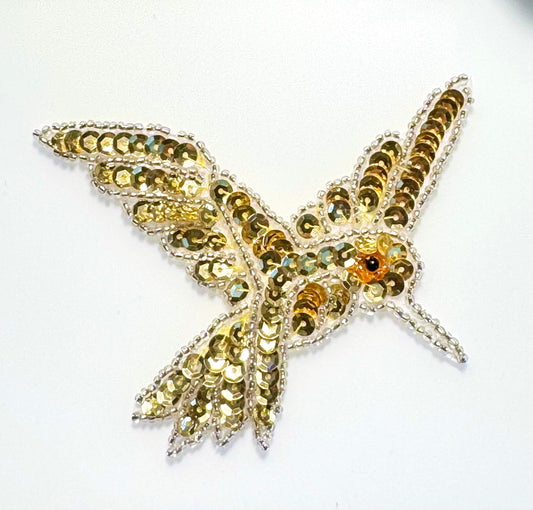 Hummingbird with Gold Sequins and Silver Beads 3" x 3.5"