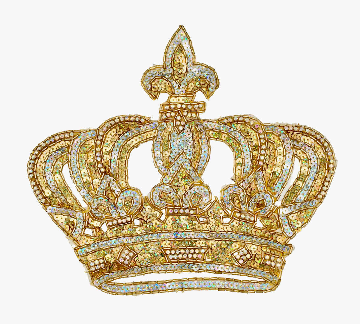 Sequin and glass bead crown patch with AB rhinestones on. a dark background.
