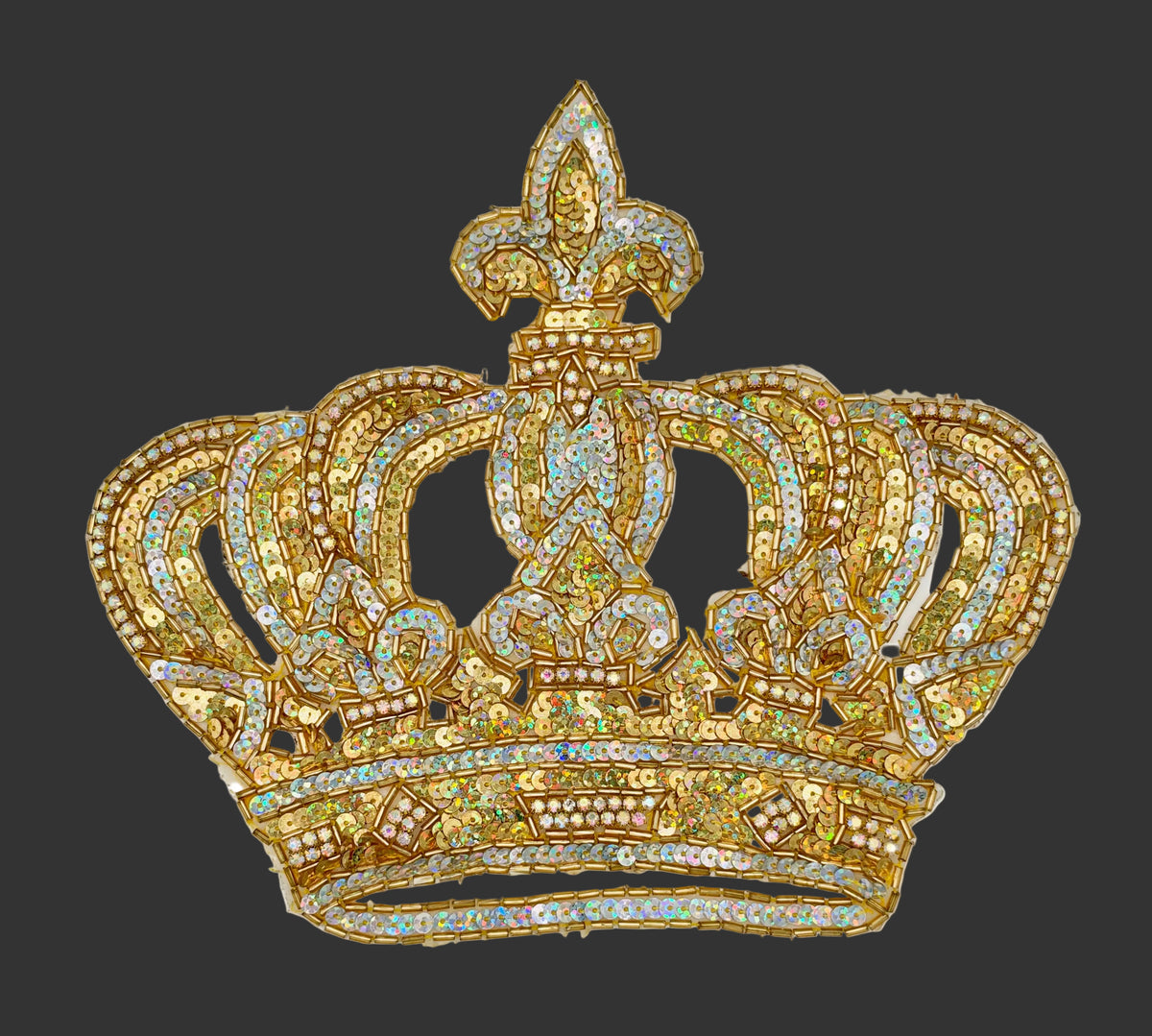 Sequin and glass bead crown patch with AB rhinestones on. a dark background.
