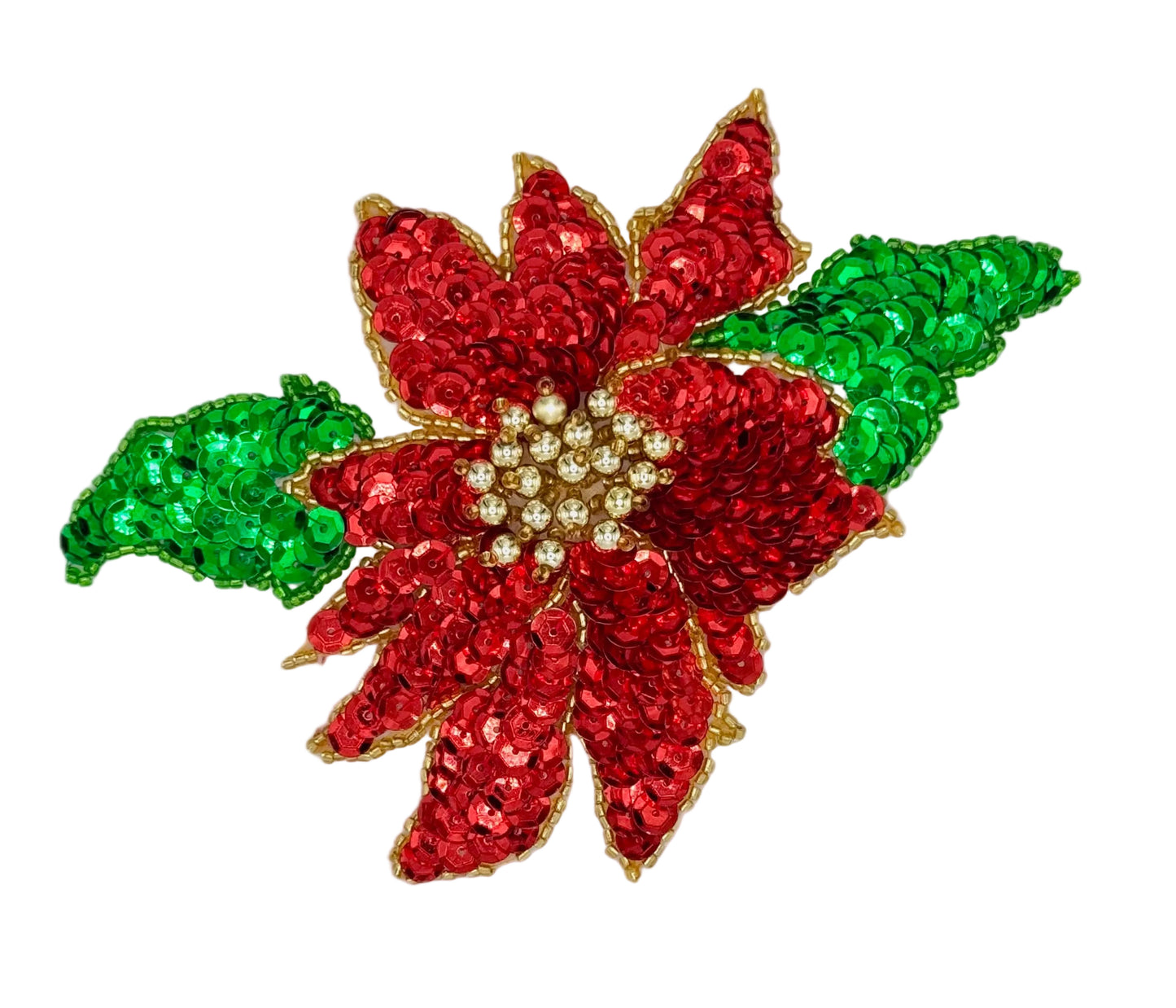 A sequined poinsettia flower embellishment with red petals, green leaves, and a gold-toned beaded center on a white background.