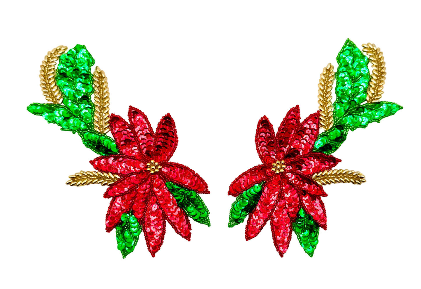 Flor de Pascua con cuentas doradas y lentejuelas rojas/verdes 10 cm x 19 cm