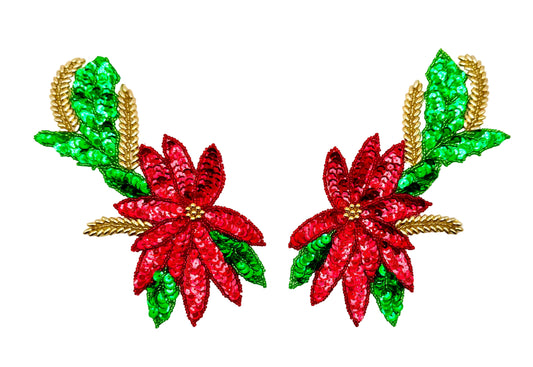 Poinsettia Pair or Single - Red/Green Sequins - Gold Beads and 7.5" x 3.75"