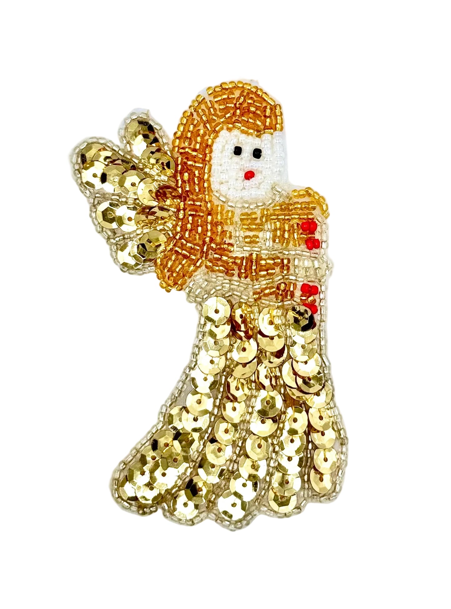 A decorative sequin and glass bead angel patch featuring a white face and a gold sequined dress and wings on a plain white background.