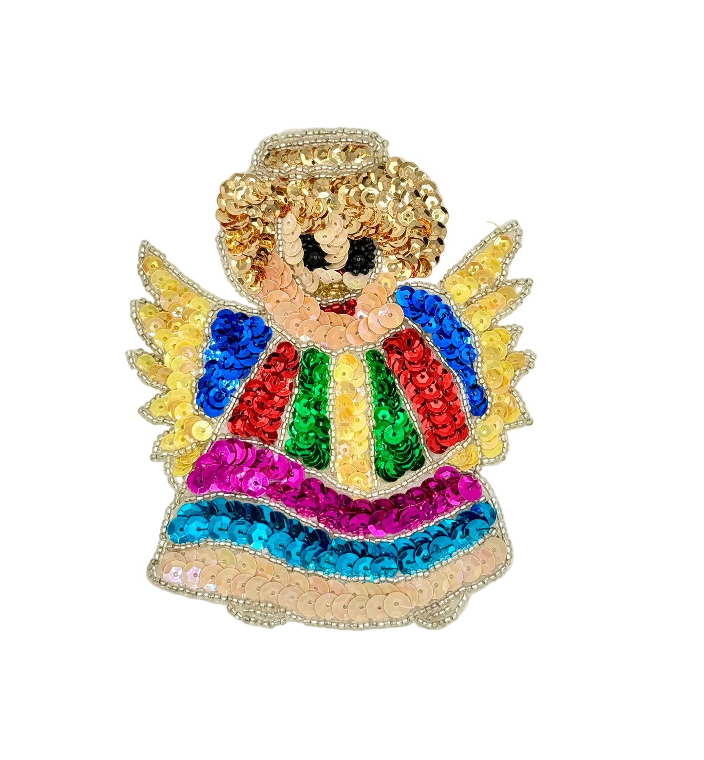 A colorful sequined angel patch with gold sequin wings, csequin gold hair, and a rainbow-striped dress on a plain white background.