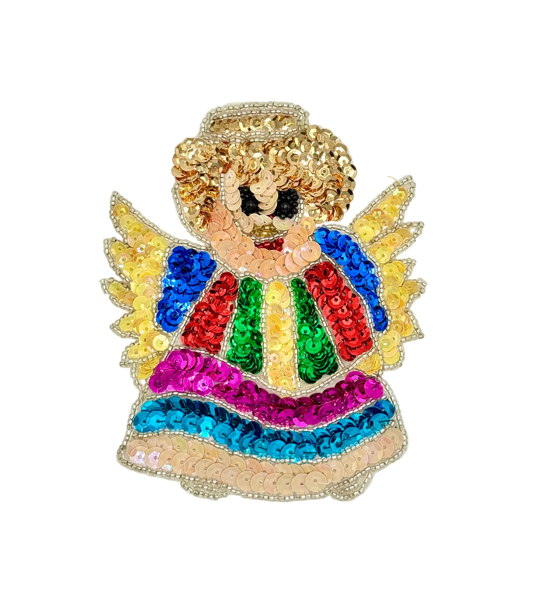 A colorful sequined angel patch with gold sequin wings, csequin gold hair, and a rainbow-striped dress on a plain white background.