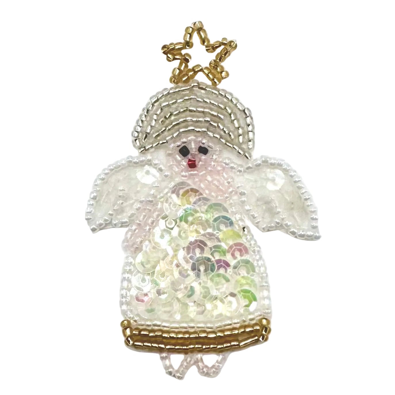A handmade Christmas angel patch featuring white and iridescent sequins, gold beads for the star and trim, and a small red embroidered nose, shown on a plain white background.