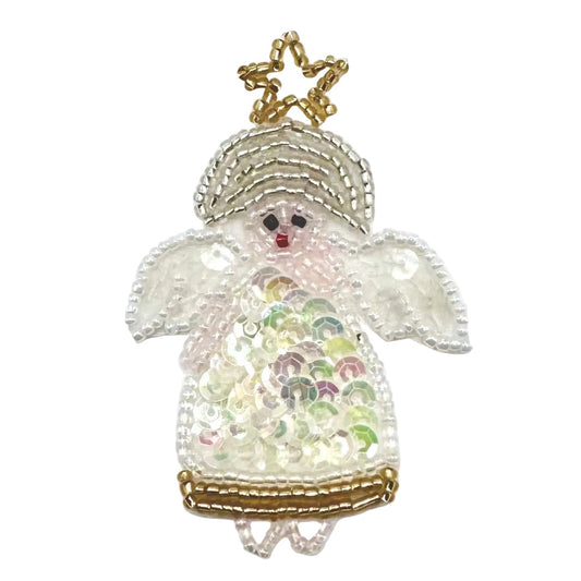 A handmade Christmas angel patch featuring white and iridescent sequins, gold beads for the star and trim, and a small red embroidered nose, shown on a plain white background.
