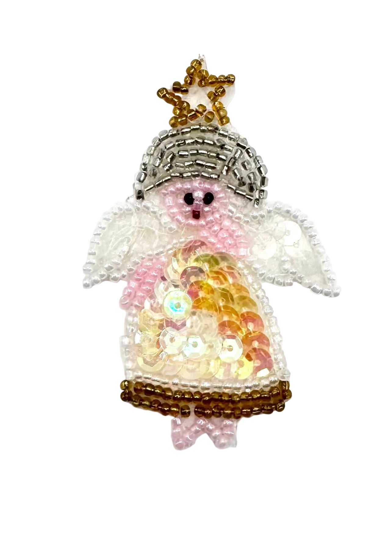 A handmade beaded angel ornament featuring a pink face, white lace-like wings, a gray beaded hat, and a sequined dress with gold, pink, and iridescent details, set against a plain white background.