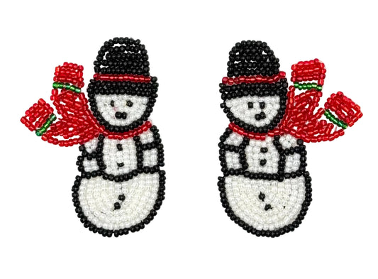 A pair of snowman-shaped beaded patches on a plain white background. Each snowman is made from black, white, and red glass beads, both with matching red scarves.