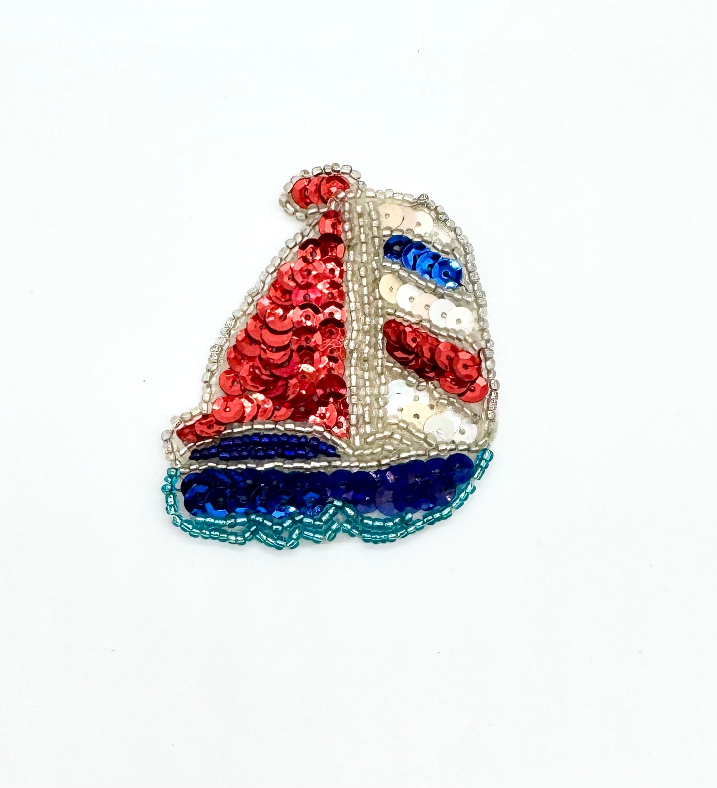 Sailboat with Red, Off White and Blue Sequins - Blue and Silver Beads 2.5" X 2.5"