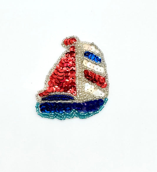 Sailboat with Red, Off White and Blue Sequins - Blue and Silver Beads 2.5" X 2.5"