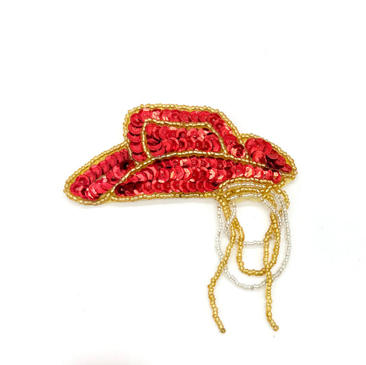 Choice of Single or Pair - Western Hat with Rope - Red Sequins and Gold and Silver Beads - 4" x 4"