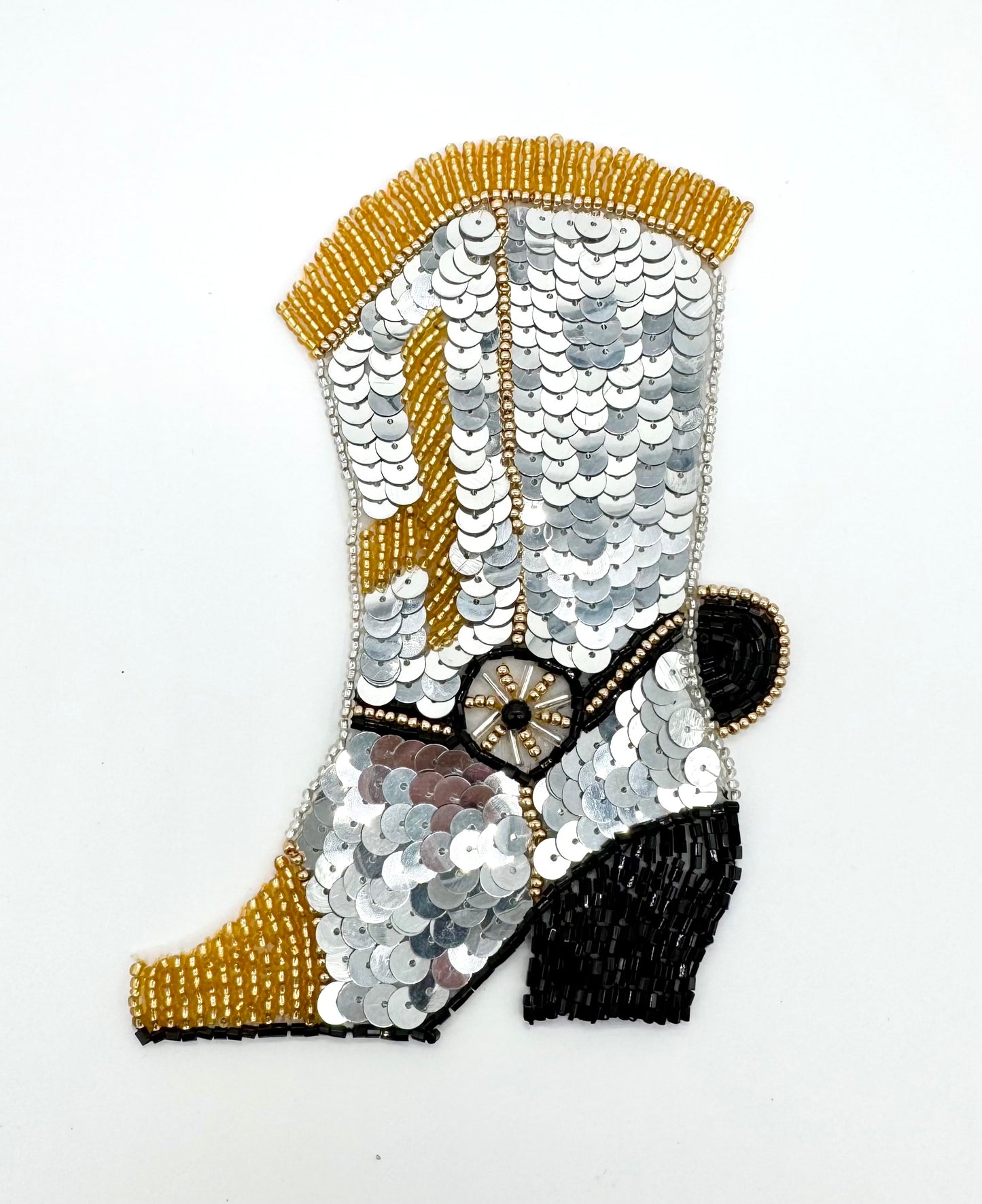 Choice of Size - 8" x 5.5" or 5.75" x 4" - Silver Cowboy Boot with Gold and Black Beads