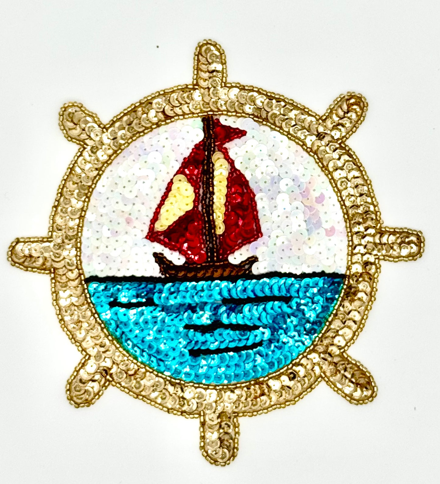 Ships Helm with a Sailboat in the Middle - Multicolored Sequins/Beads  7" x 7”