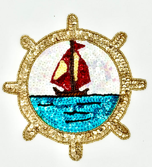 Ships Helm with a Sailboat in the Middle - Gold Beads and Multicolored Sequins 7"