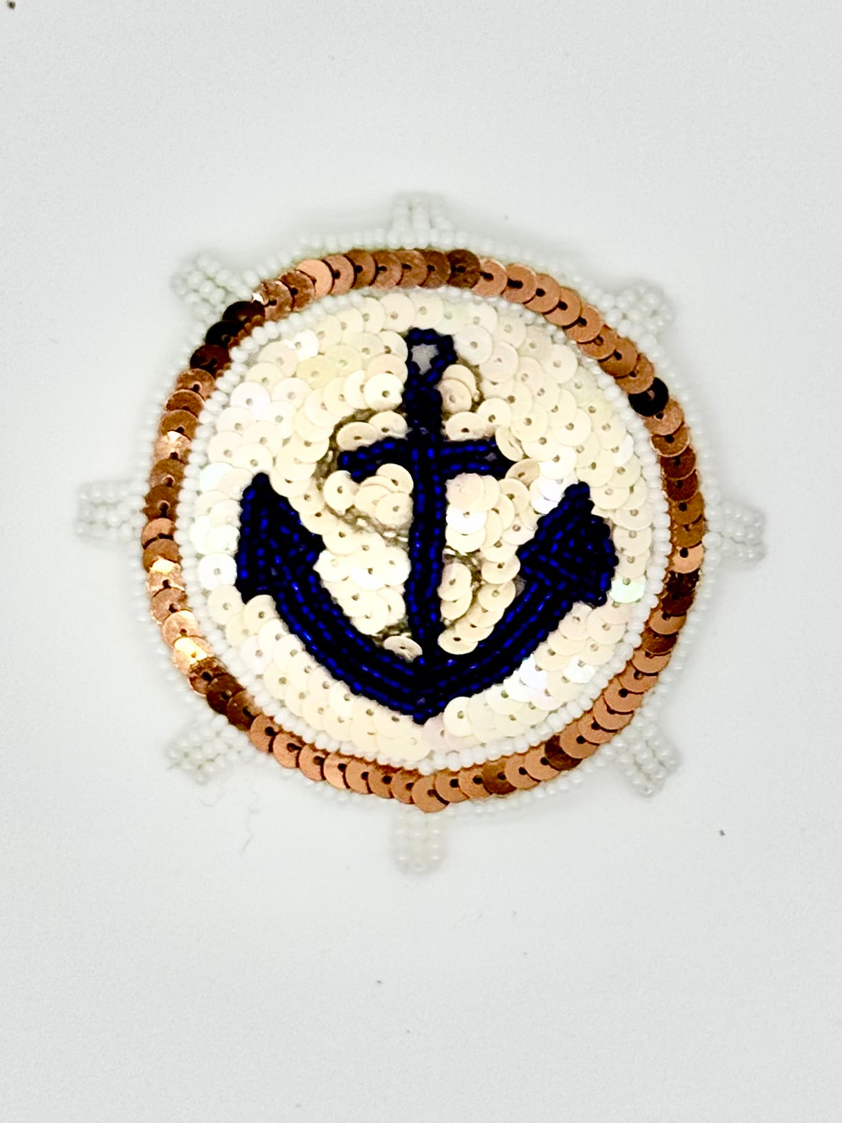 Ship Wheel with Tan, Blue, Bronze Sequins and Beads 3.5" X 3.5"