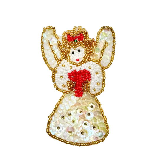 Christmas Angel with Wings - Iridescent Sequins - Red and Gold Glass Beads - 3.75" x 2.5"