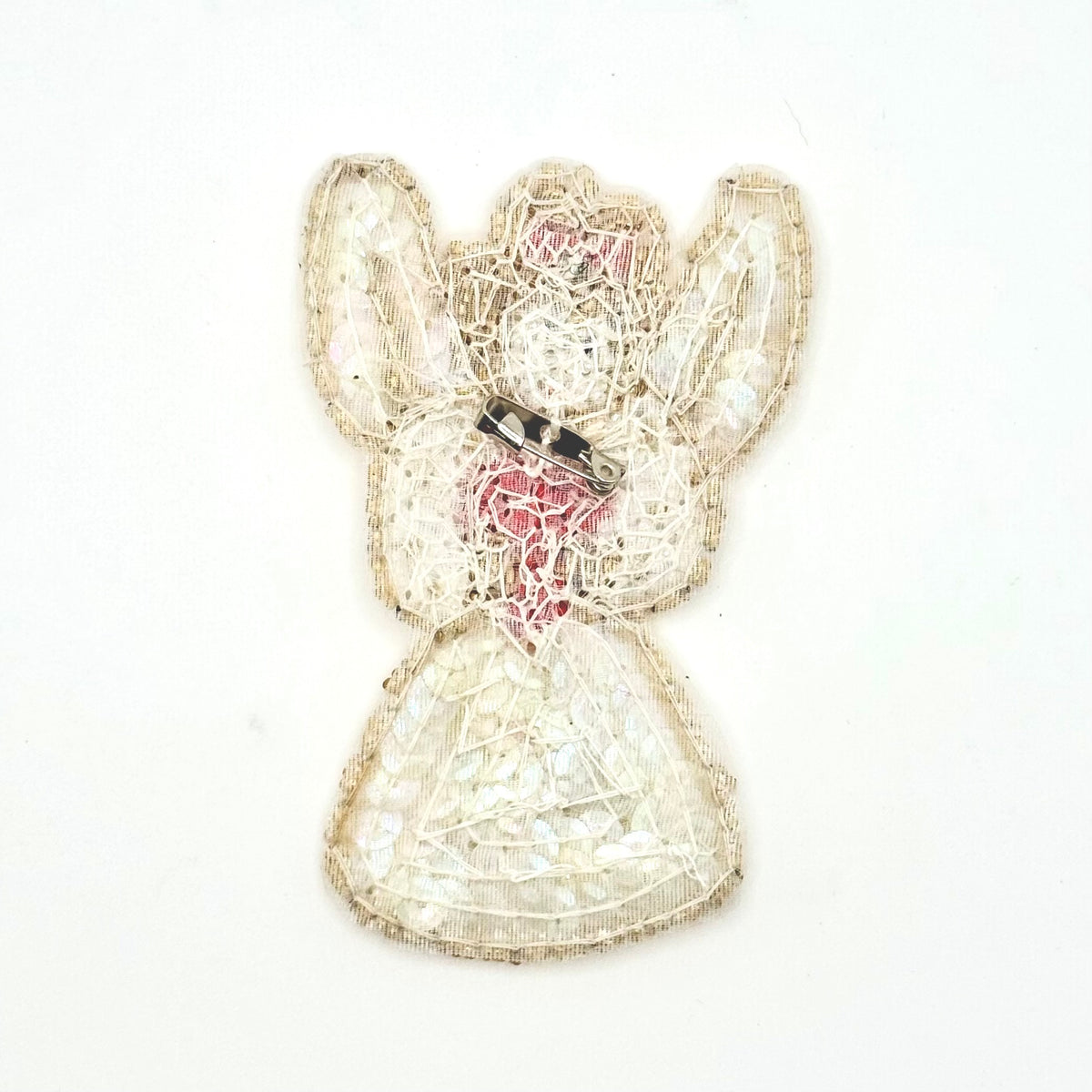 Christmas Angel with Wings - Iridescent Sequins - Red and Gold Glass Beads - 3.75" x 2.5"