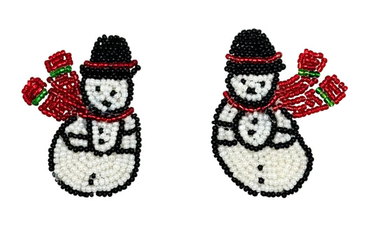 Two snowman pair beaded patches on a white background, featuring black and white beadwork with red and green accents.