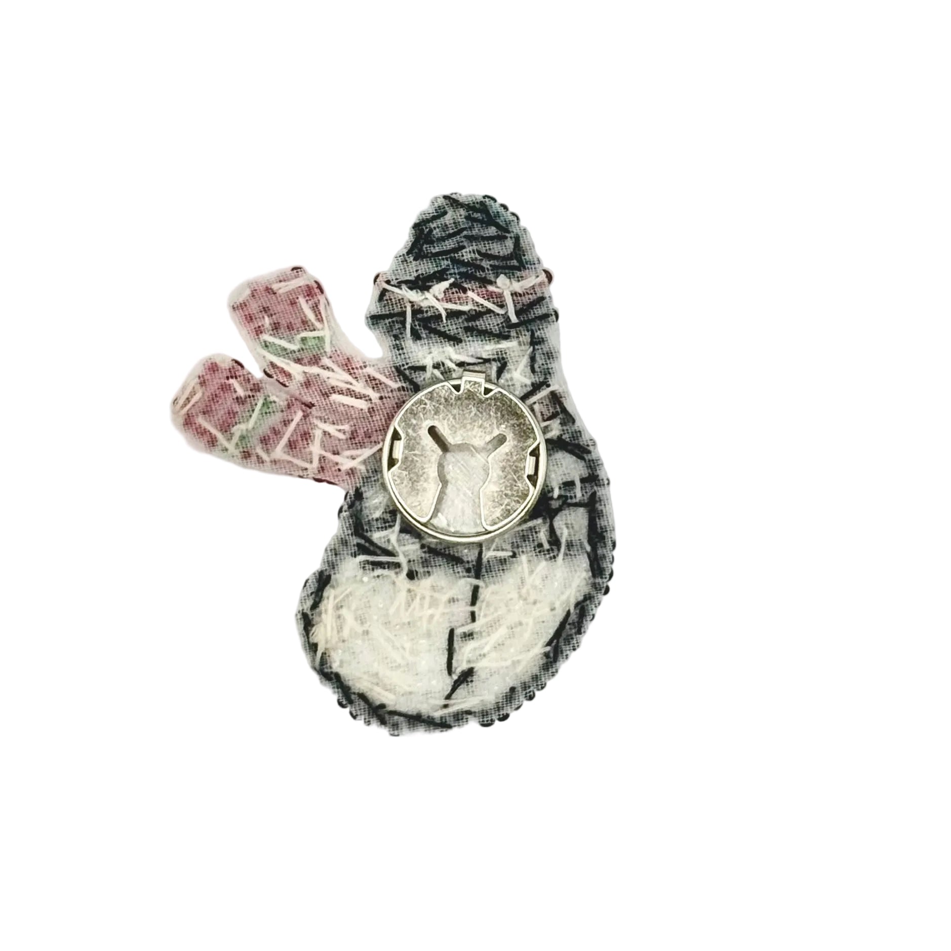 The back of A handmade snowman patch or applique showing the removable button attachment.