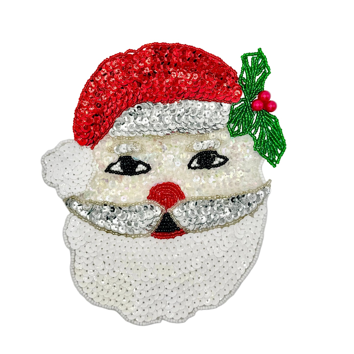 A festive Santa Claus face patch made of sequins and bead details, featuring a red sequin hat, white sequin beard and trim, black and white beaded eyes, a red beaded nose, and a green holly accent on a white background.
