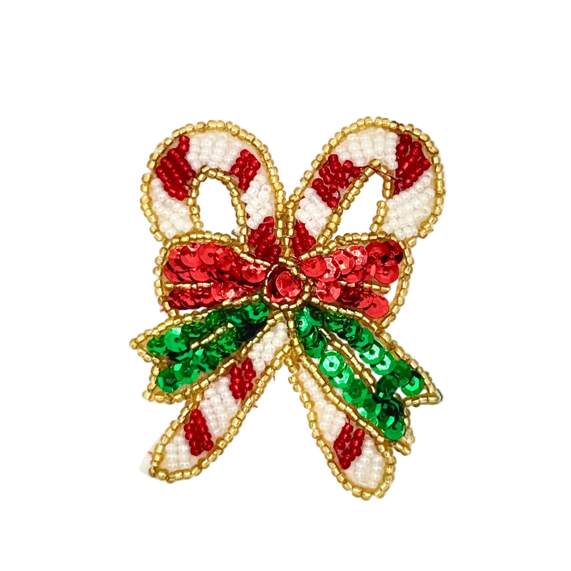A festive Christmas bow embellishment featuring red and white candy cane stripes, red sequins, green sequins, and a gold beaded border on a white background.