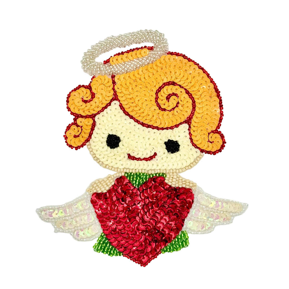 A cute sequin and bead cartoon angel patch with curly orange hair, a white halo, black eyes, a red smile, green dress, and a large red sequined heart on a plain white background.