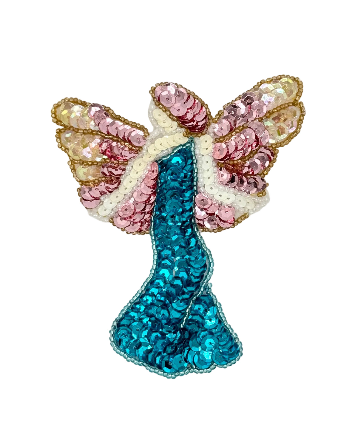 A sequined angel patch with a blue body, pink and gold wings, and a white halo, shown on a plain white background.
