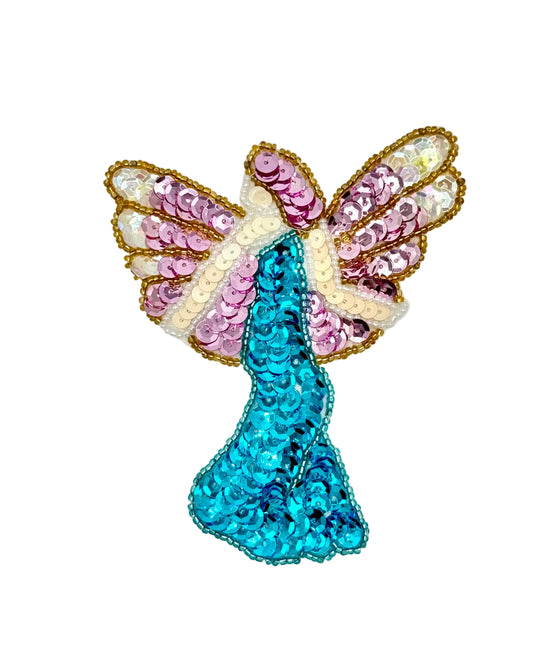 A sequined angel patch with a turquoise blue body, pink and white wings outlined in gold, shown on a plain light background.