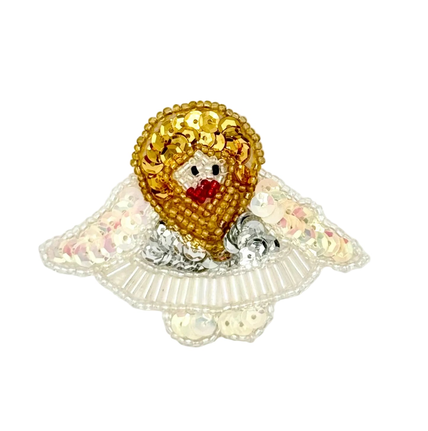 A decorative sequin patch featuring a stylized angel figure with a gold beaded halo, white lace wings on a plain white background.