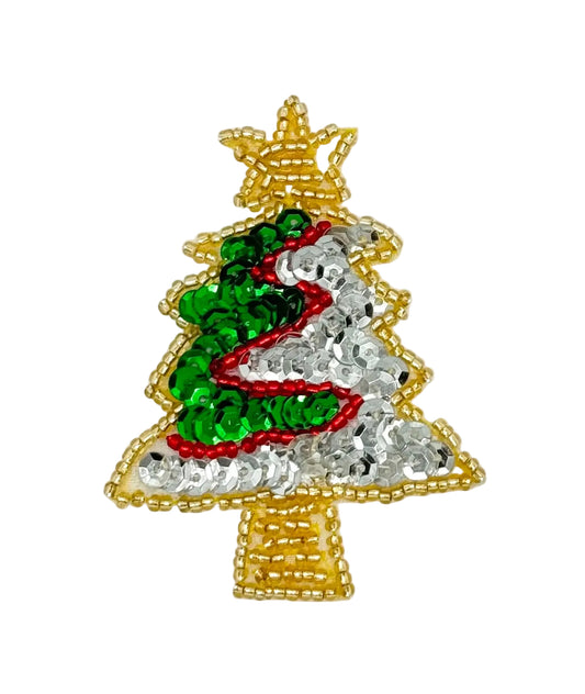 A Christmas tree-shaped sequin patch with a gold beaded outline, featuring green and silver sequins with red sequin trim, on a plain white background.