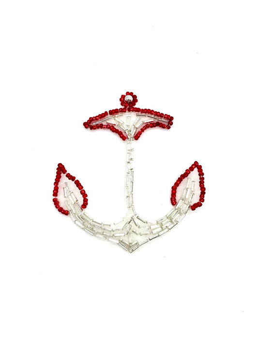 Anchor with Silver and Red Glass Beads 3" x 2.75"
