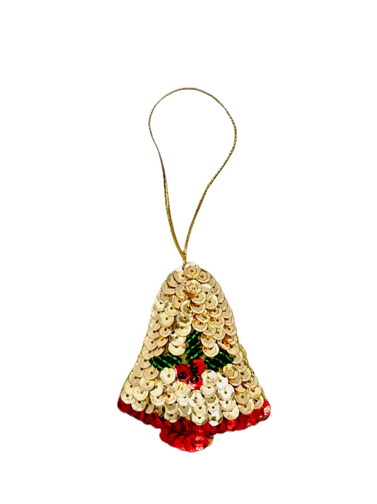 A sequined Christmas bell ornament with a gold-tone hanging loop, featuring a gold sequin body, green holly leaves, red berries, and a red sequin bottom, shown on a plain white background.