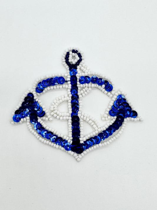 Choice of Color: Blue, Red or Gold - Sequin Anchor with White Beads 3.5" x 3"