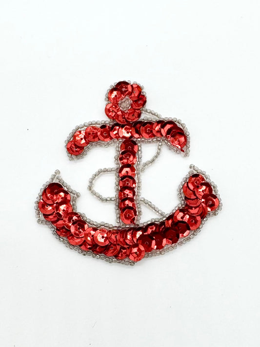 Anchor and Rope with Red Sequins Silver Beads 2.75" x 2.75"