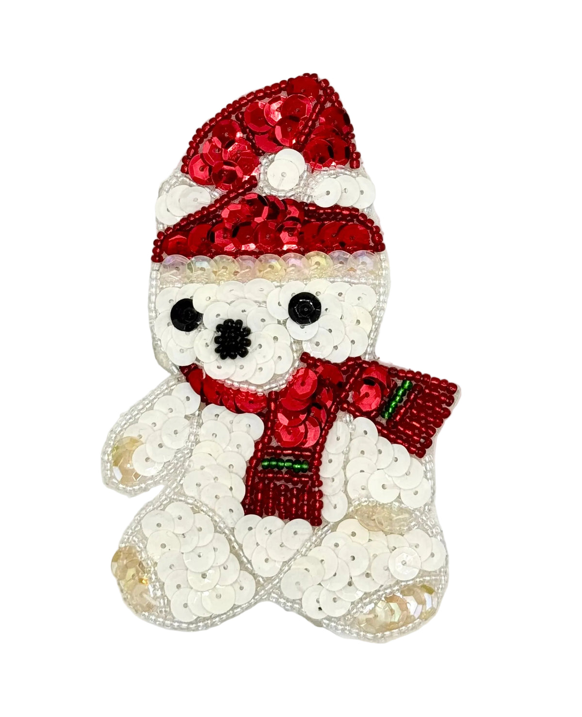 A Christmas-themed sequin patch depicting a white polar bear wearing a red Santa hat and a red patterned scarf, set against a plain white background.