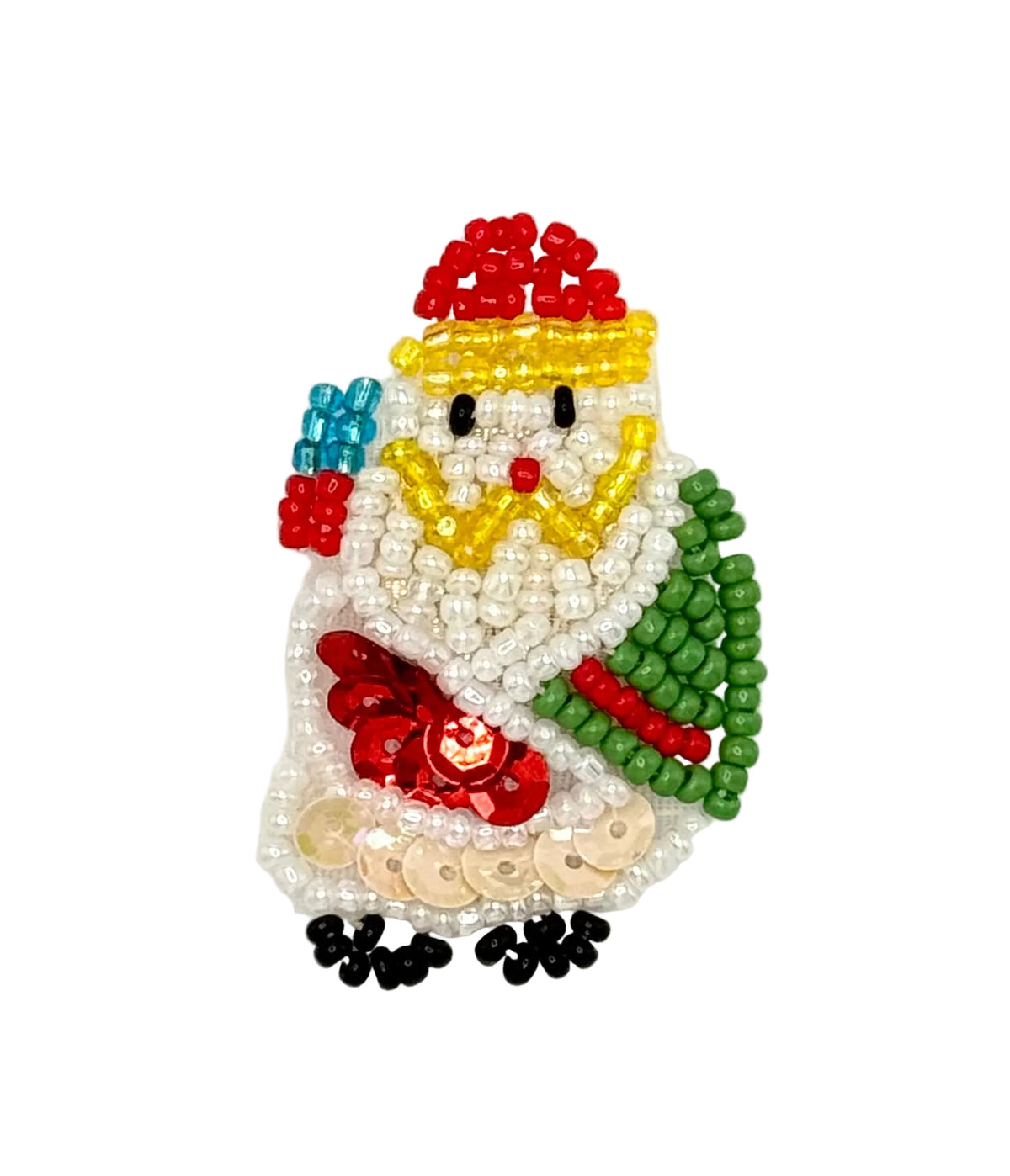 A festive beaded Santa appliqué featuring red, yellow, green, white, and black beads, with sequins set against a plain white background.