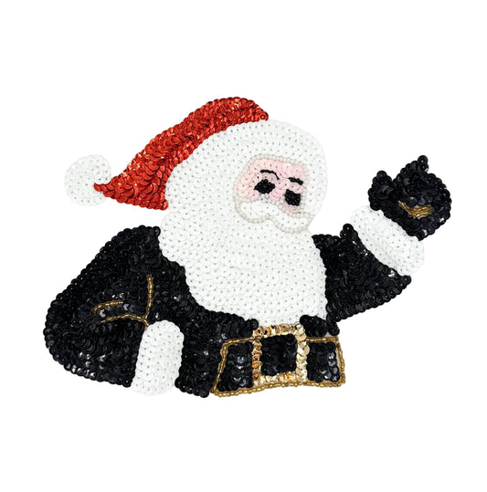 A sequined Santa Claus applique patch on a plain white background. The design features a white sequined beard and mittens, a black sequined jacket, a red sequined hat, and gold sequined belt details.