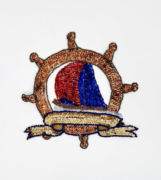Sailboat inside a  Ship's Wheel - 8" x 8"