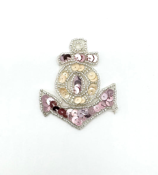 Anchor and Life Preserver - Pink and Iridescent Beige Sequins and Silver Beads 2.5" x 2"